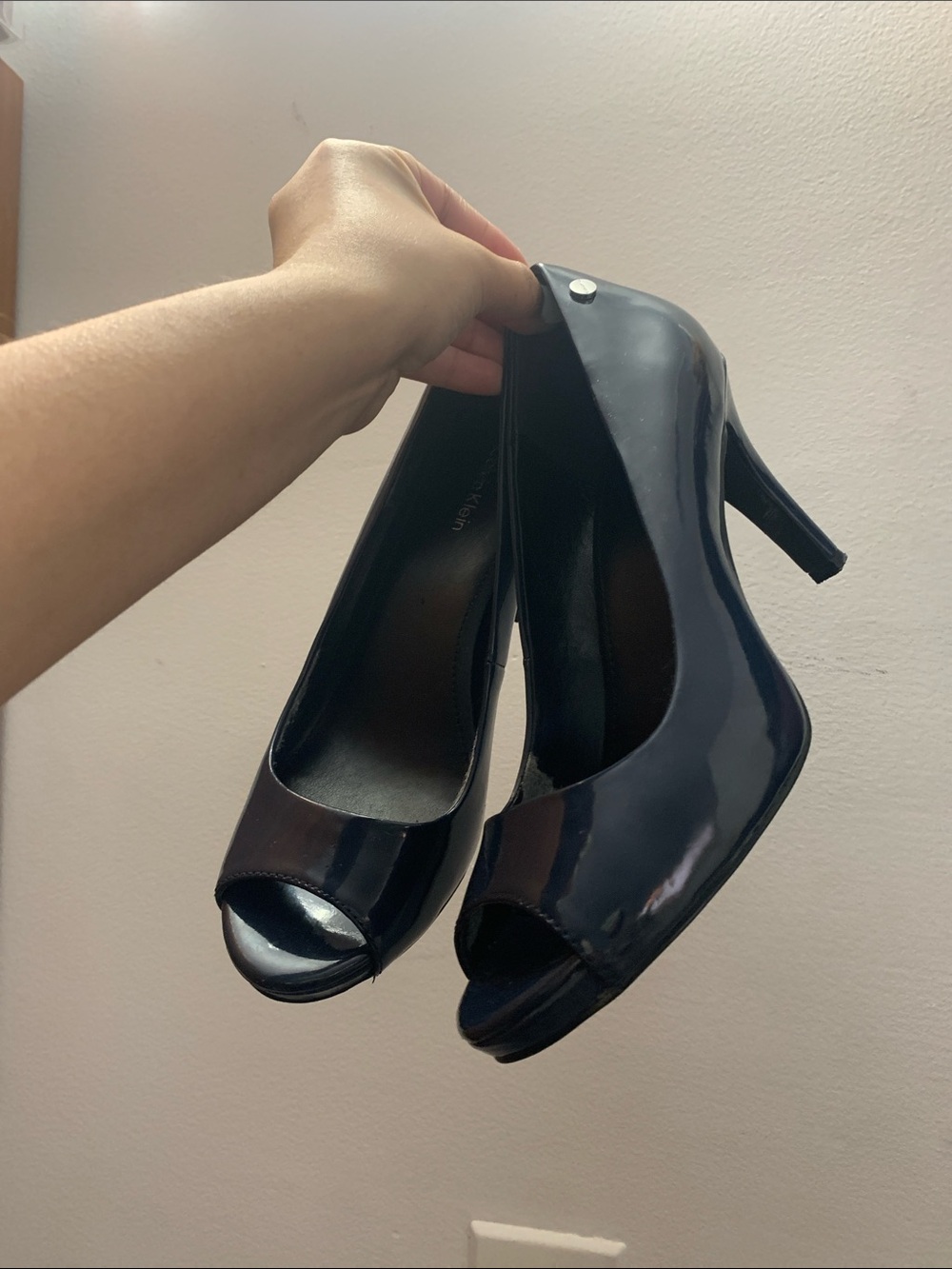 Calvin Klein Navy Patent Peep-Toe Pumps